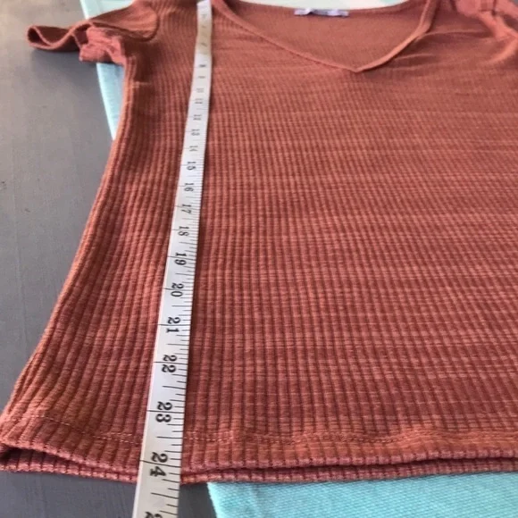 Zara Ribbed V Neck Top Dusty Terracotta Short Sleeve Fitted Tee S - Picture 5 of 7